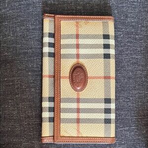 Burberry Beige Plaid Leather Trim Continental Wallet